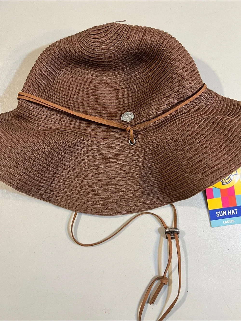 Wide Brim Straw Sun Hat in Brown with Adjustable Chin Cord